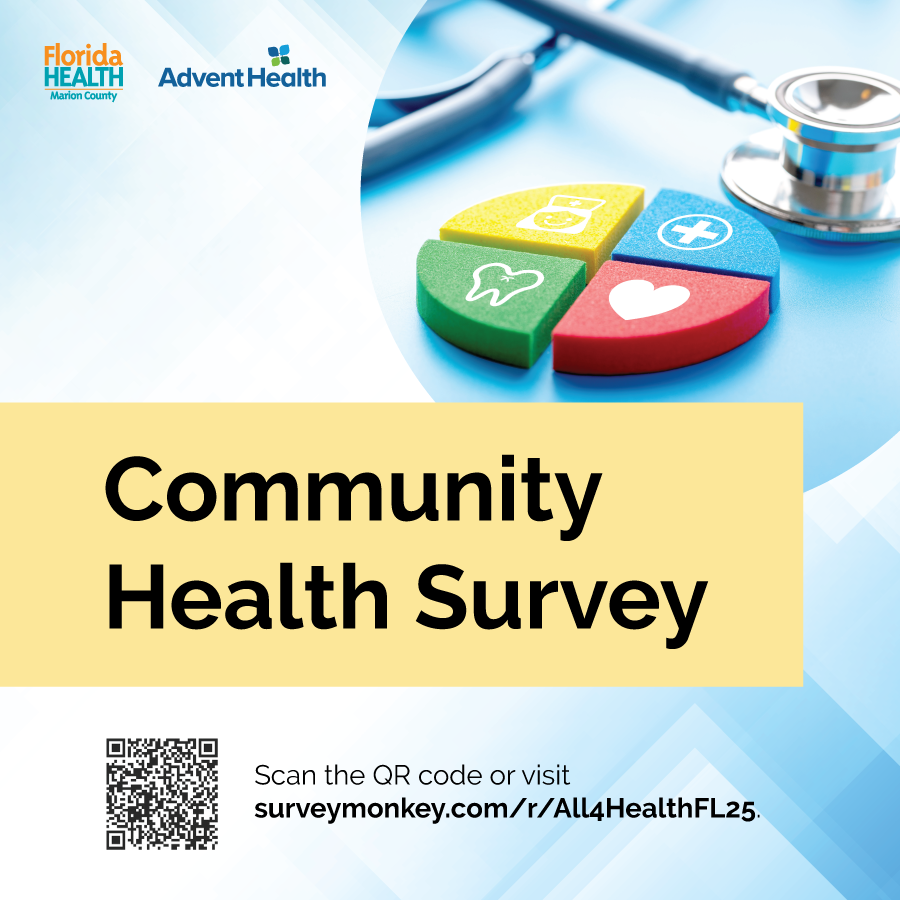 Community Health Survey promotional graphic with link and QR code.