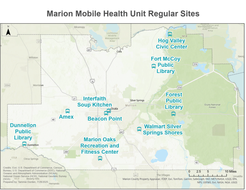 Map of Marion County with pins for DOH-Marion's Mobile Health Unit regular sites. Click on the image or link above to open a PDF in a new window. 