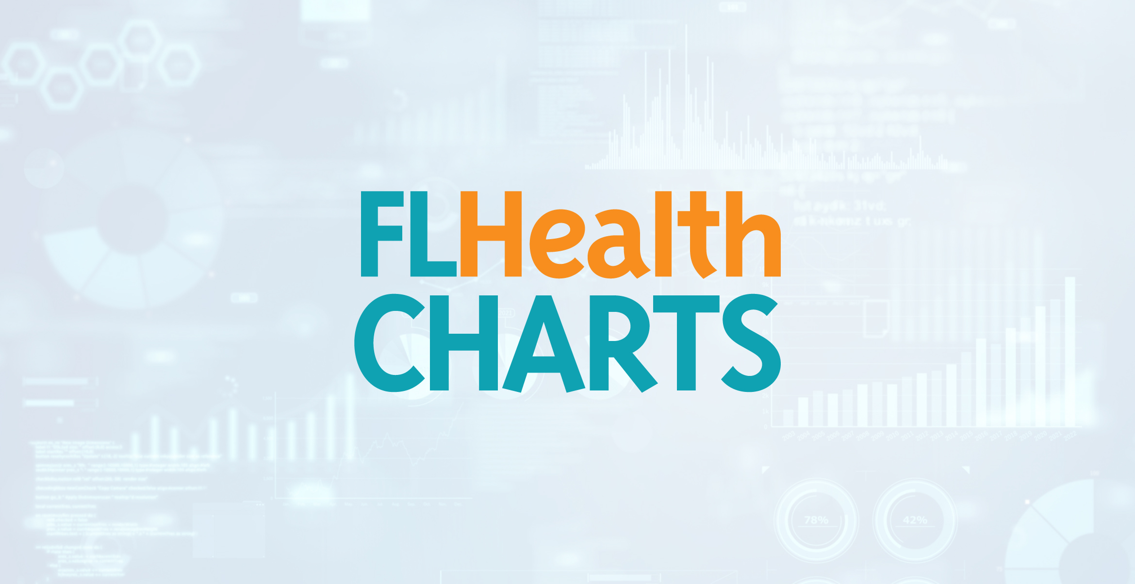 The text 'FLHealth CHARTS' in teal and orange over a background of faint data visualization graphics.