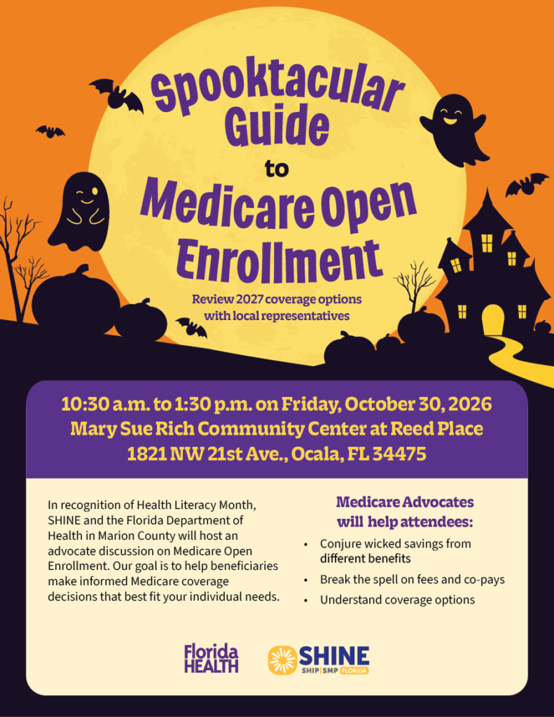 Flyer for "Spooktacular Guide to Medicare Open Enrollment" event on Oct 30, 2026.